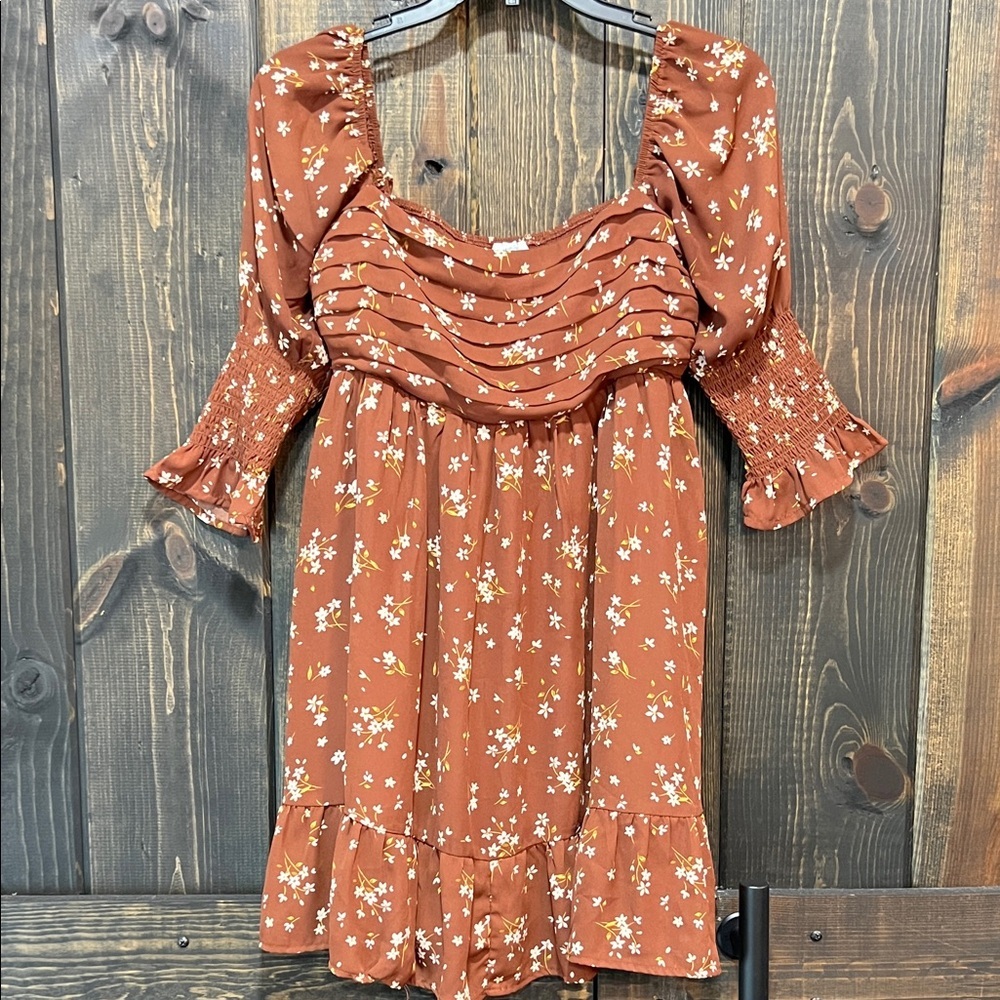Blue Rain Boho Dress‎ S Retro Vtg Stretch Ruffle Square Smocked Milkmaid Floral